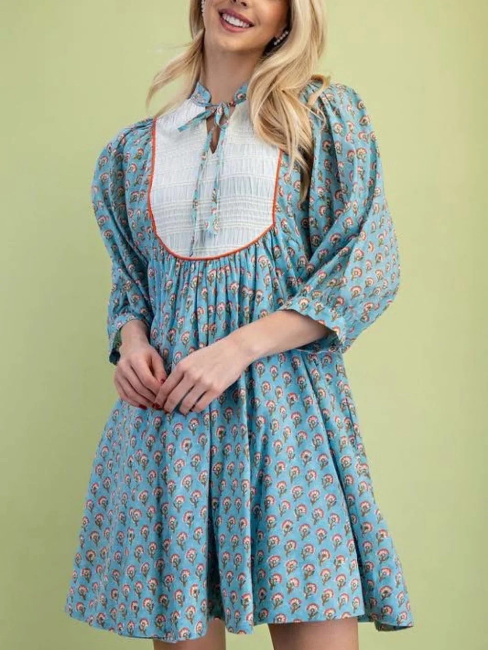 Indian Block Print Blue Printed Peasant Mini Dress with Smocked Bib - Picture 1 of 8